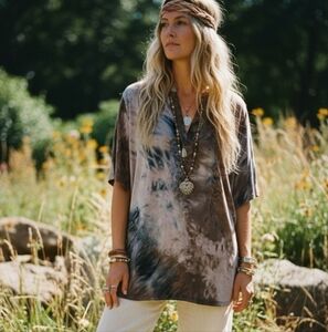 Womens Split V Neck Brown Blue Gray Tie Die Tunic Size 2x 28" PTP Plus Stretch